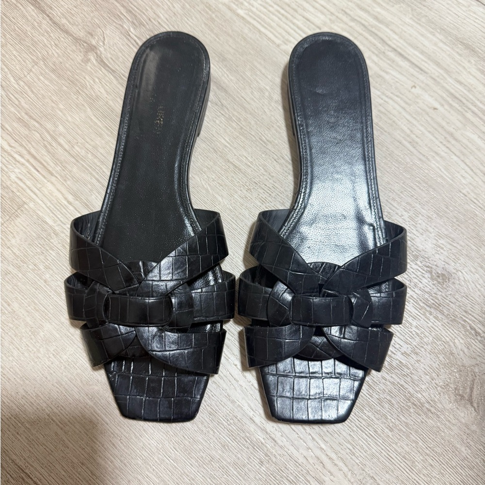 YSL Saint Laurent Black Croc-Embossed Slide Sandals Size 39